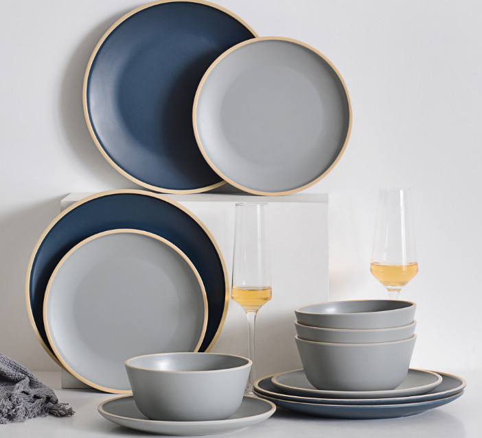 Gufaith Melamine Dinnerware Set,Plate and Bowl Sets,Dishes Set for 4,Outdoor Dinnerware Set,Blue and Grey Color, Modern