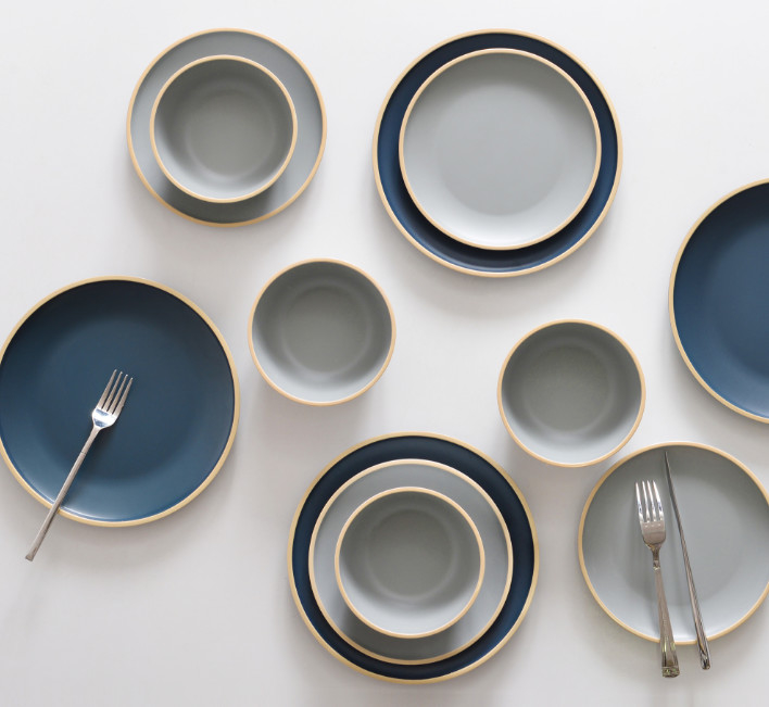 Gufaith Melamine Dinnerware Set,Plate and Bowl Sets,Dishes Set for 4,Outdoor Dinnerware Set,Blue and Grey Color, Modern