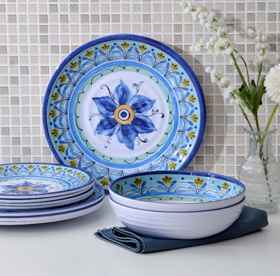 Melamine Dinnerware Set,12pcs Plates and Bowls Sets, Blue Dinnerware Sets for 4 Camping Dinnerware Dishwasher Safe BPA f